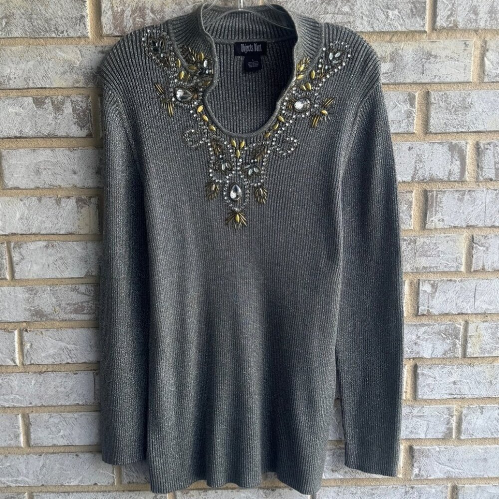Objects D'art Long Sleeve Embellished V-Neck Gray Metallic Ribbed Sweater Size L